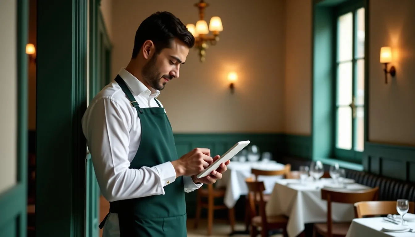 Maître comprobando la tablet de fichaje junto a la entrada de un restaurante