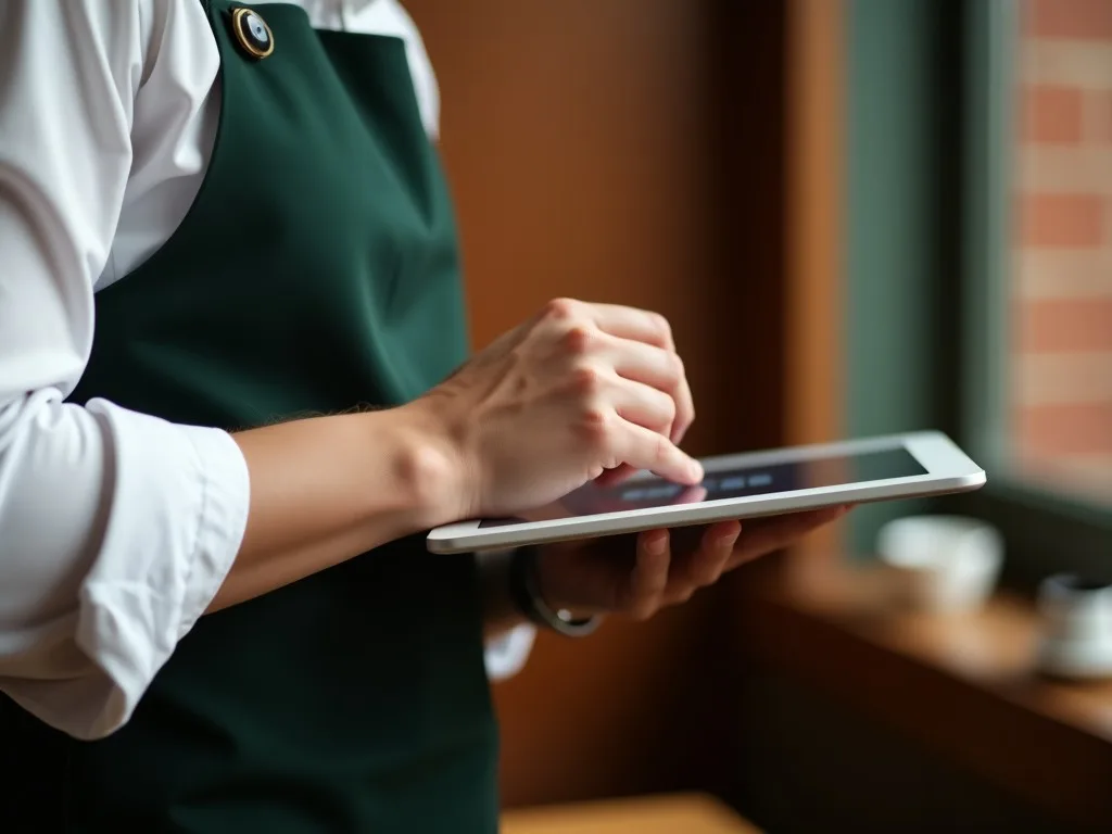Manos de un camarero tecleando su PIN en la tablet de fichaje